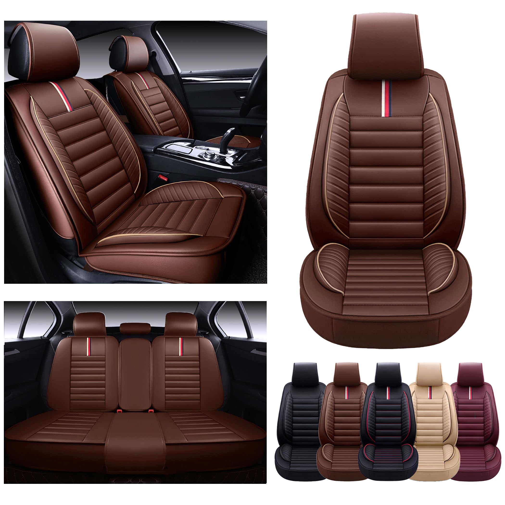 OASIS AUTO Car Seat Covers Full Set Premium Waterproof Faux Leather Cushion Universal Accessories Fit SUV Truck Sedan Automotive Vehicle Auto Interior Protector (OS-001 Brown)