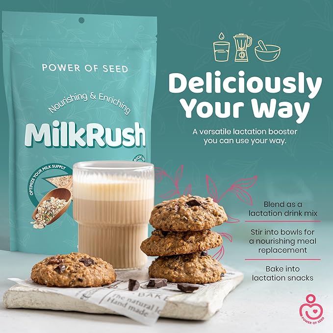 Milkrush Lactation Support for Breastfeeding - Oats Seeds & Almond Lactation Drink Mix - Milk Booster for Breastfeeding Superfood Mix with Omega 3, Iron & Calcium - Kosher Certified - 12oz Bag