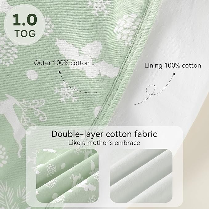Baby Sleep Sack 12-18 Months 1.0 Tog Baby Wearable Blanket 100% Cotton Sleeping Sack with 2-Way Zipper for Toddler Infant Green Tree