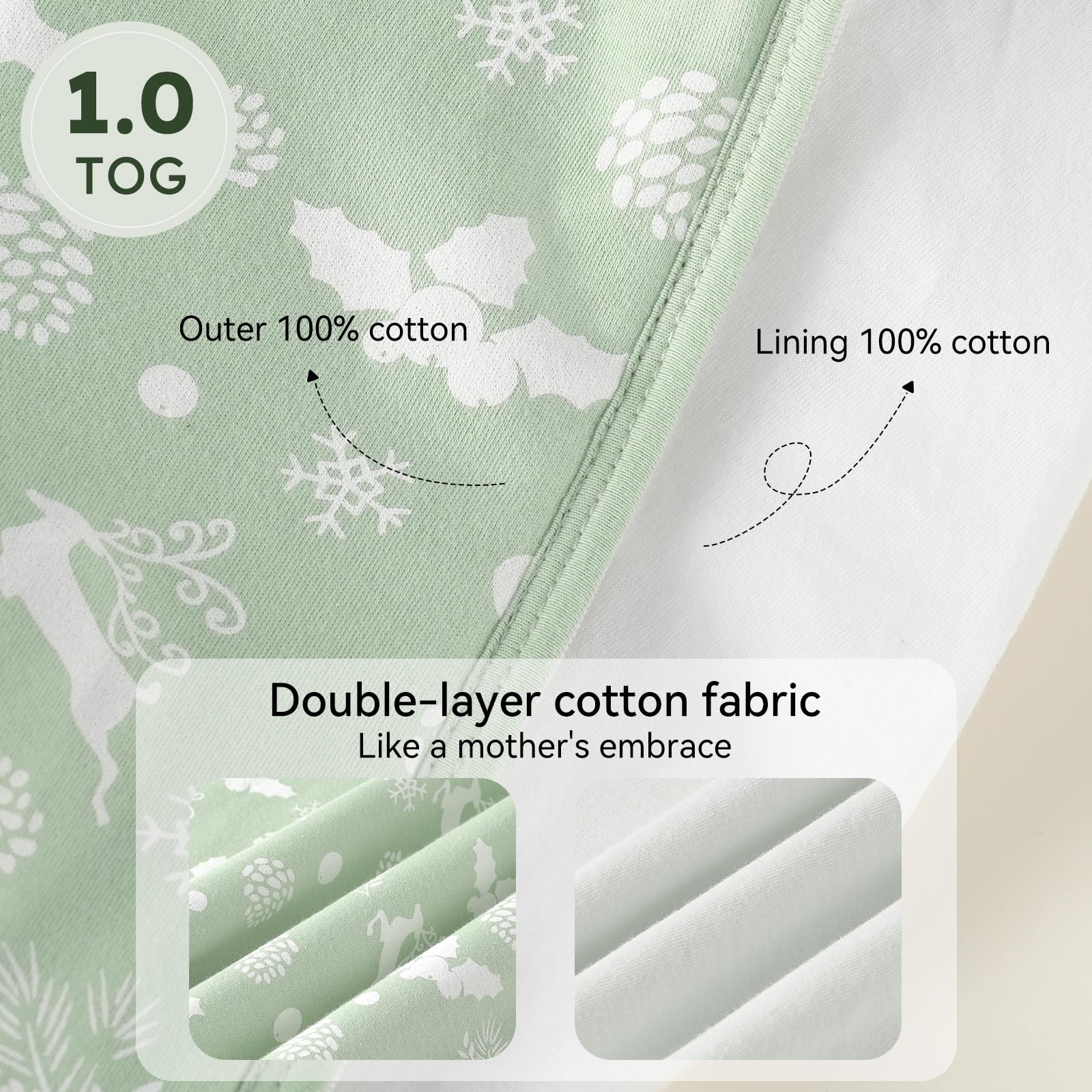 Unnivoll Baby Sleep Sack 0-6 Months 1.0 Tog Baby Wearable Blanket 100% Cotton Sleeping Sack with 2-Way Zipper for Infant Newborn Green Tree