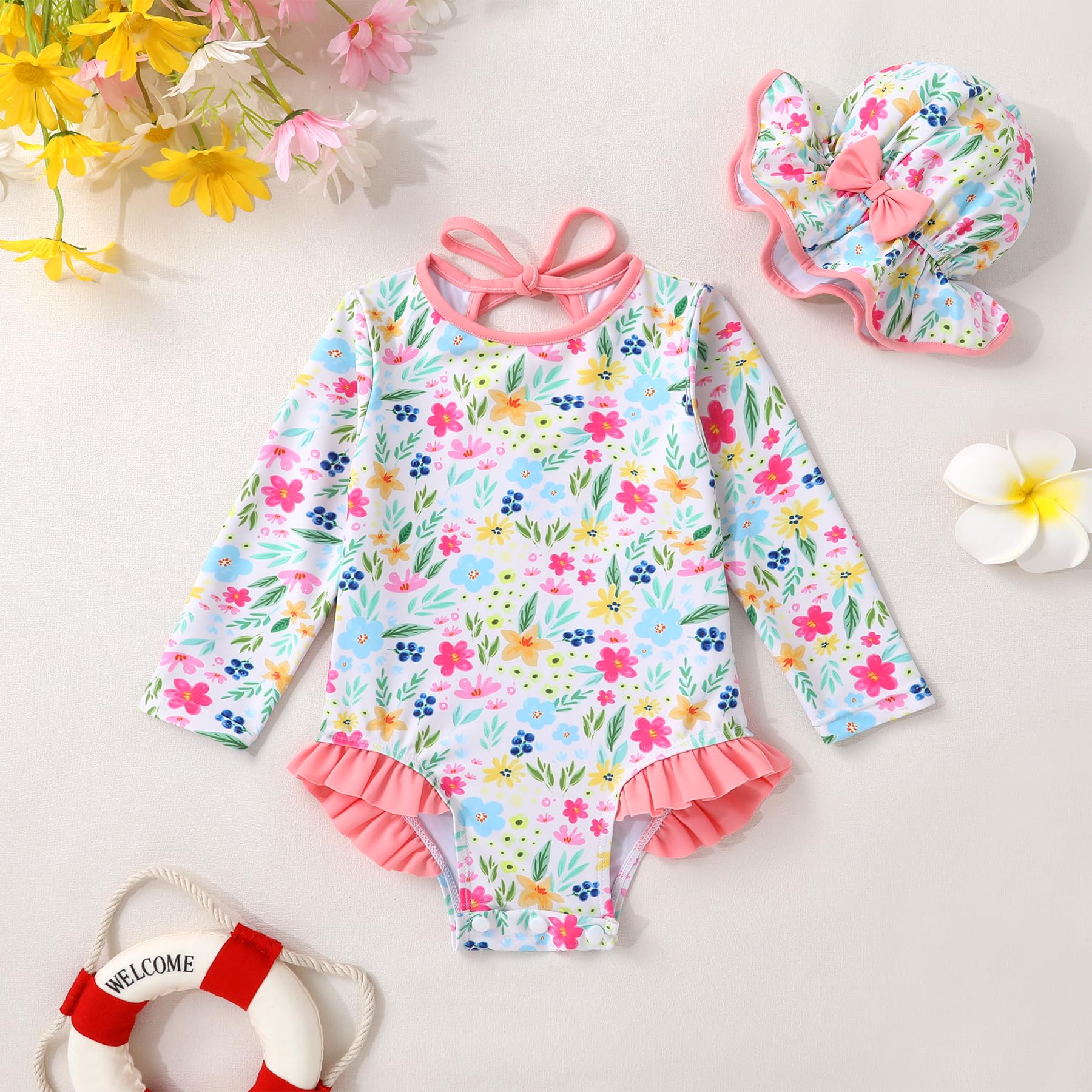 Infant Baby Girls Long Sleeve One Piece Swimsuit with Hat Floral Zipper Bathing Suit Leopard Beach Wear (Pink Edged Floral Fragments，12-18Months)