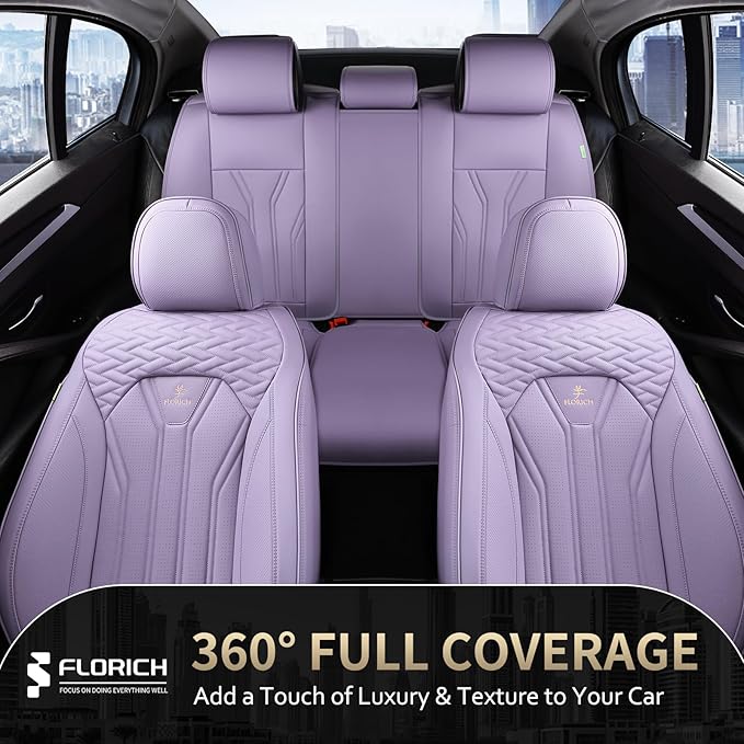 FLORICH Leather Car Seat Covers Full Set, Purple Car Seat Cover, Universal Full Coverage Car Seat Covers Waterproof Car Seat Cushion Protector Front Seats and Rear Fit for Most Cars Trucks SUVs