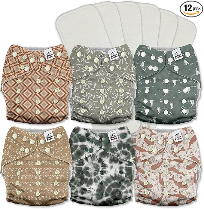 Mama Koala 3.0 Pocket Cloth Diapers for Babies with AWJ Lining, 6 Pack with 6 5-Layer Natural Cloth Diaper Inserts - Reusable and Washable Pocket Diapers(A-Calm Spring)