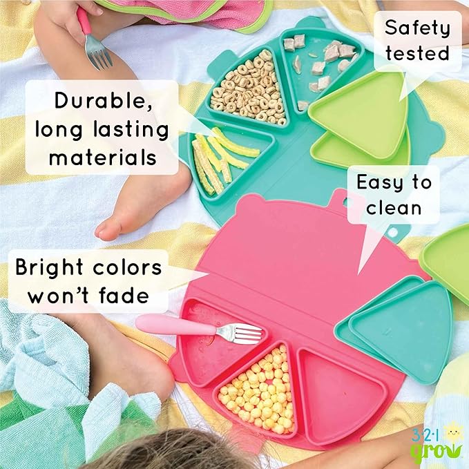 Silicone On-The-Go Snack Mat – Foldable Reusable Placemat with 3 Compartments and Lids – Travel-Friendly Baby and Toddler Snack Plate – Dishwasher Safe (Watermelon)
