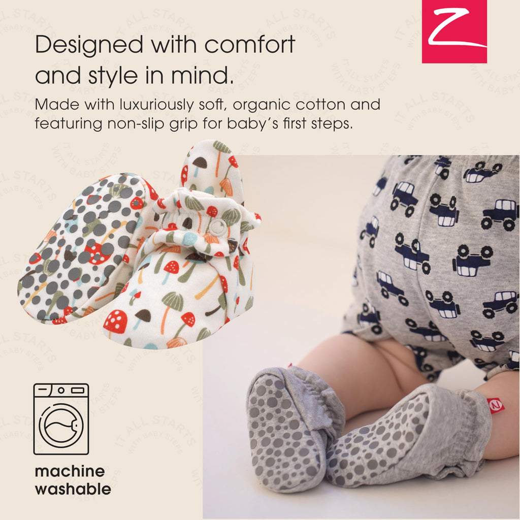 Zutano Organic Cotton Baby Booties With Gripper Soles, Soft Sole Stay-on Baby Shoes, Mushrooms, 18M