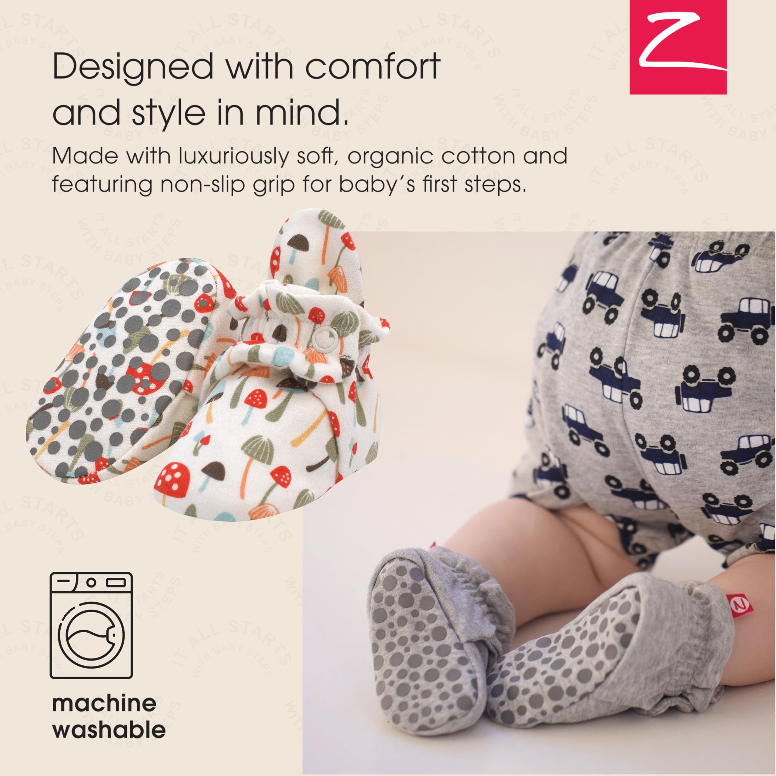 Zutano Organic Cotton Baby Booties With Gripper Soles, Soft Sole Stay-on Baby Shoes, Mushrooms, 18M