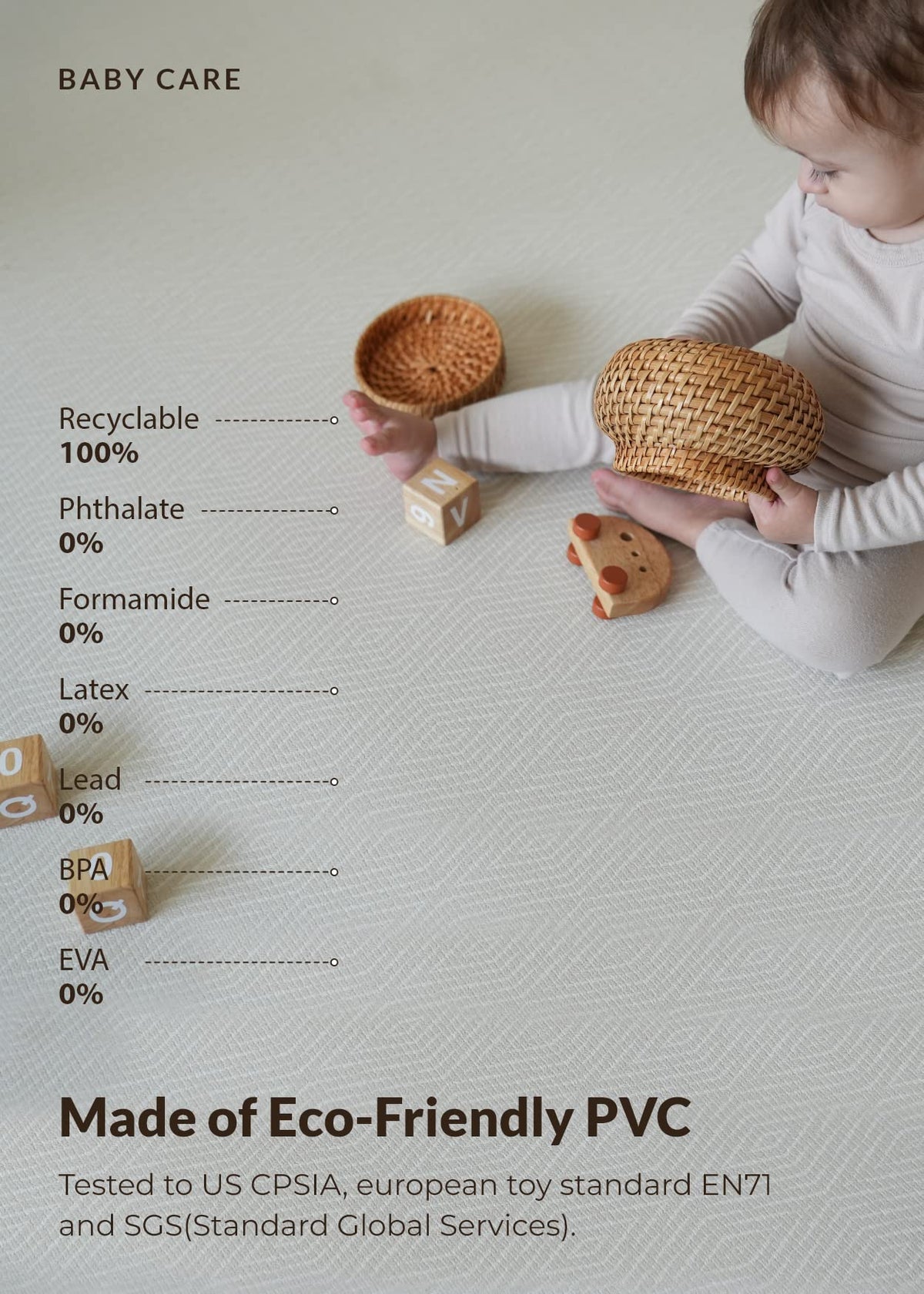 Baby Care Play Mat (Medium, Hygge - Spore & Wooden) 73’’ x 49’’ Original One-Piece Reversible Rollable Waterproof Play Mat for Infants, Babies, Toddler, and Kids