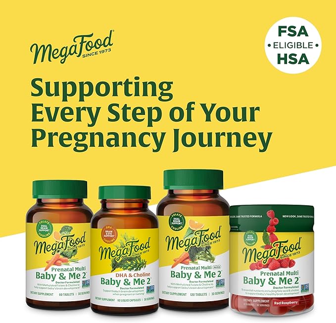 MegaFood Baby & Me 2 Prenatal Vitamin and Minerals - Vitamins for Women - with Folate (Folic Acid Natural Form), Choline, Iron, Iodine, and Vitamin C, Vitamin D and more - 60 Tabs (30 Servings)