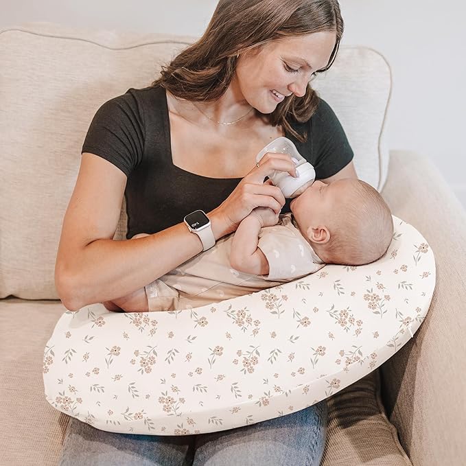 Konssy 2 Pack Nursing Pillow Covers, Stretchy and Soft Nursing Cover for Breastfeeding, Pillow Slipcover for Baby Girls Boys Newborn (Beige, Blossom)