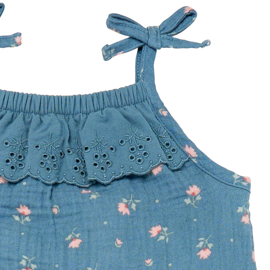 Modern Moments by Gerber Baby Girls' Sleeveless Ruffle Romper, Dark Teal Aster Flower, 6-9 Months
