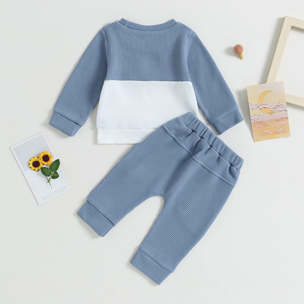 GGBNOMER Toddler Baby Boy Fall Clothes Waffle Contrast Color Sweatshirt Pants Sets Infant Winter Outfits 6 12 18 24 Months (Blue, 6-12 Months)
