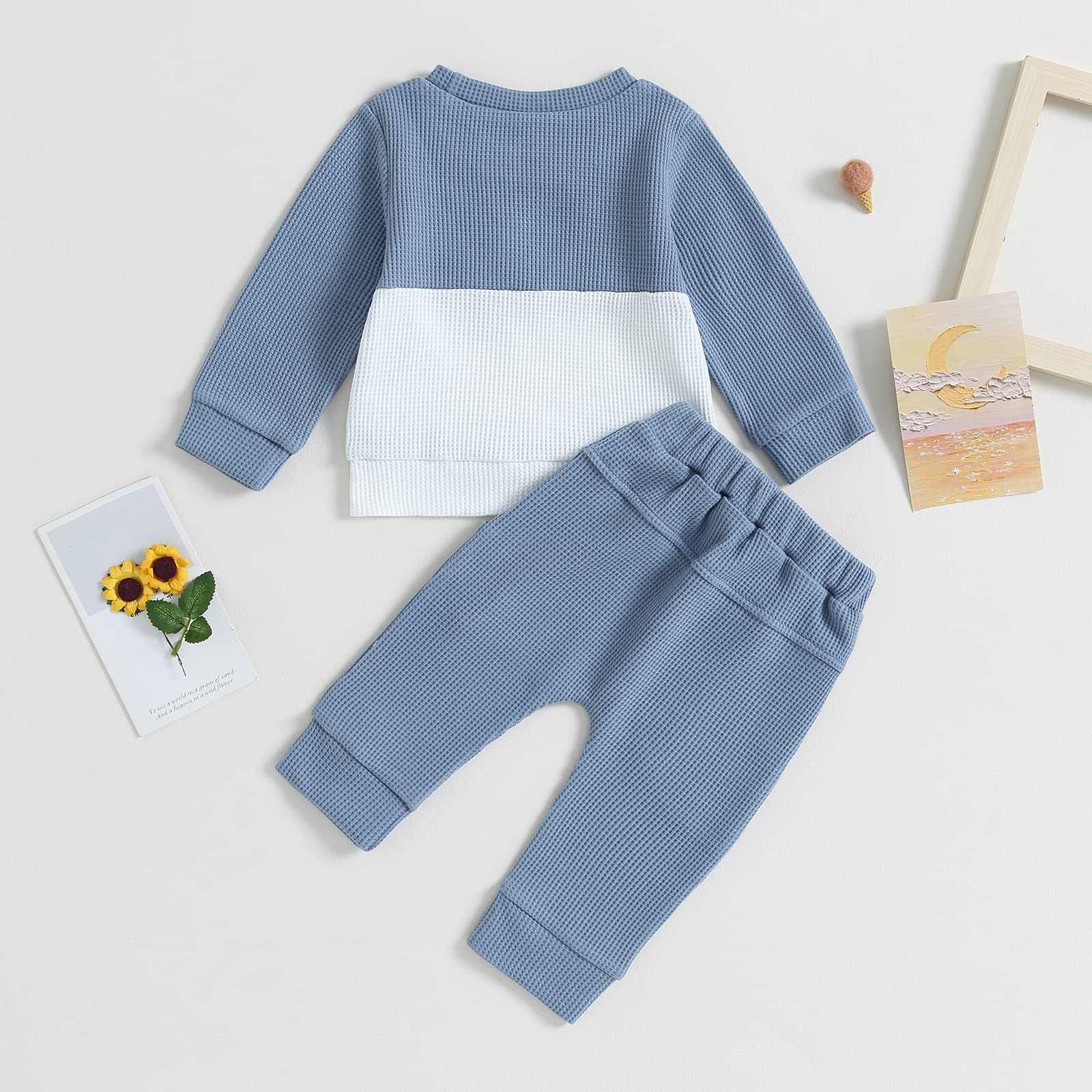 GGBNOMER Toddler Baby Boy Fall Clothes Waffle Contrast Color Sweatshirt Pants Sets Infant Winter Outfits 6 12 18 24 Months (Blue, 6-12 Months)