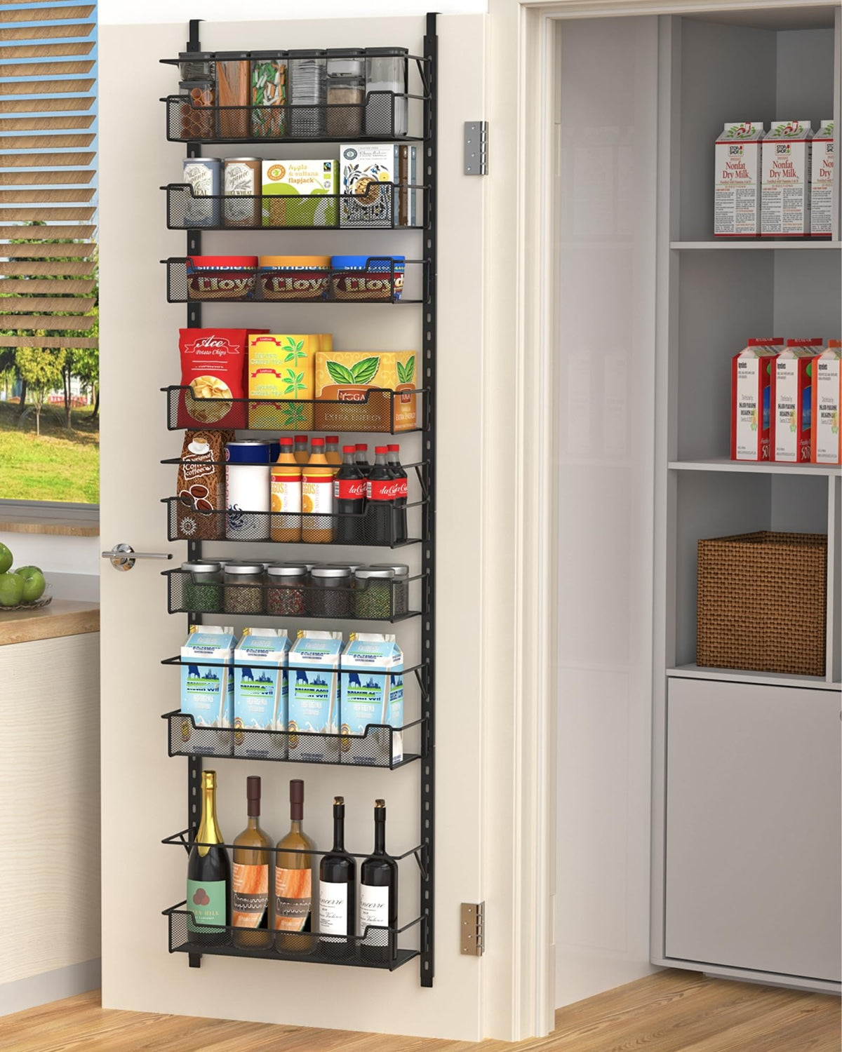 VyGrow 12.3" W Narrow Over the Door Pantry Organizer, 8-Tier Over the Door Organizer with Adjustable Basket, Pantry Door Organization for Pantry Kitchen Storage Room Spice Rack, White