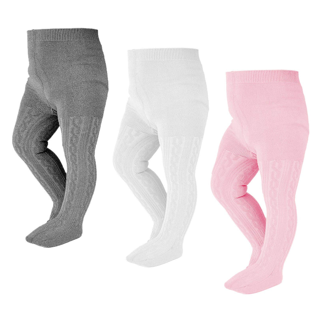 EPEIUS Baby Tights Toddler & Little Girls Cable Knit Tights Solid Cotton Stockings Seamless Footed Leggings Pantyhose Baby Clothes Dress Tights 6-8 Years,3 Pack,Pink/White/Light Grey
