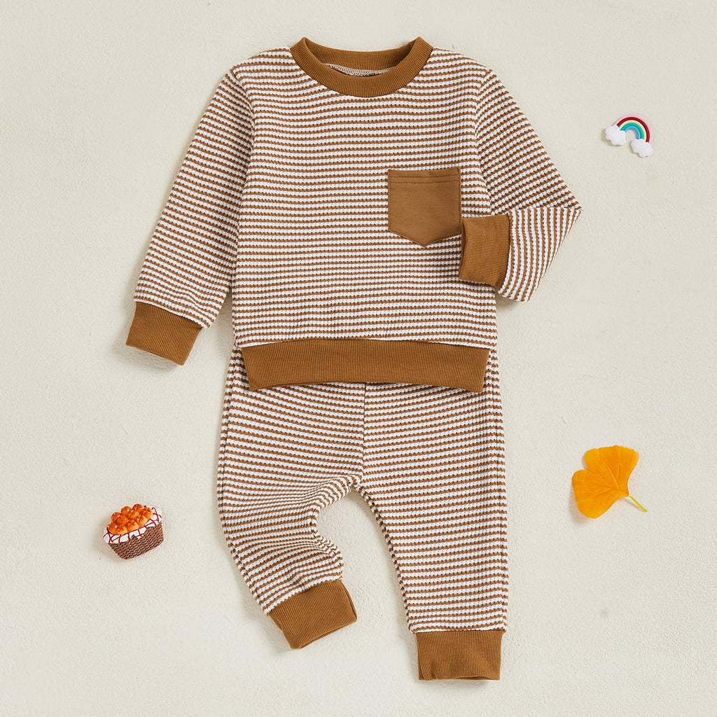 Fufuriprefer Toddler Baby Boy Fall Clothes Waffle outfit Long Sleeve Top Jogger Pant Set (Dark Khaki, 12-18 Months)