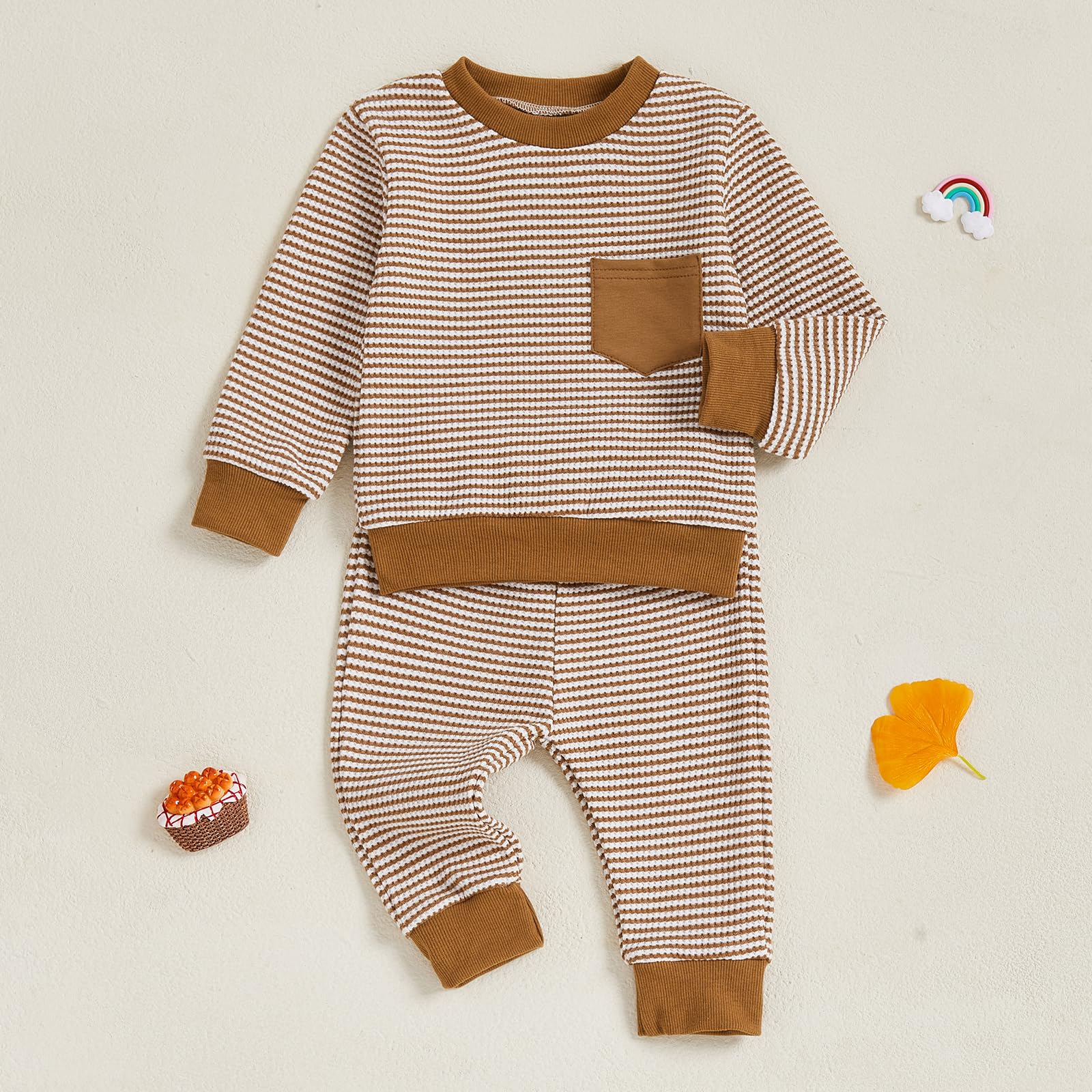 Fufuriprefer Toddler Baby Boy Fall Clothes Waffle outfit Long Sleeve Top Jogger Pant Set (Dark Khaki, 12-18 Months)