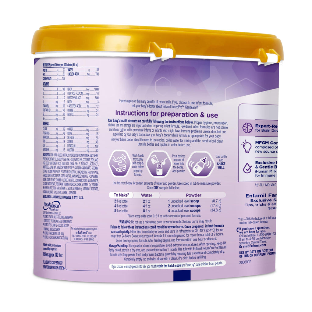 Enfamil NeuroPro Gentlease for easing Fussiness, Crying, Gas, Spit-up in 24 Hrs, Smaller Proteins for Easy Digestion, Brain Supporting DHA, Prebiotic Blend, HuMO6*, Baby Formula, Reusable Tub, 19.5 Oz