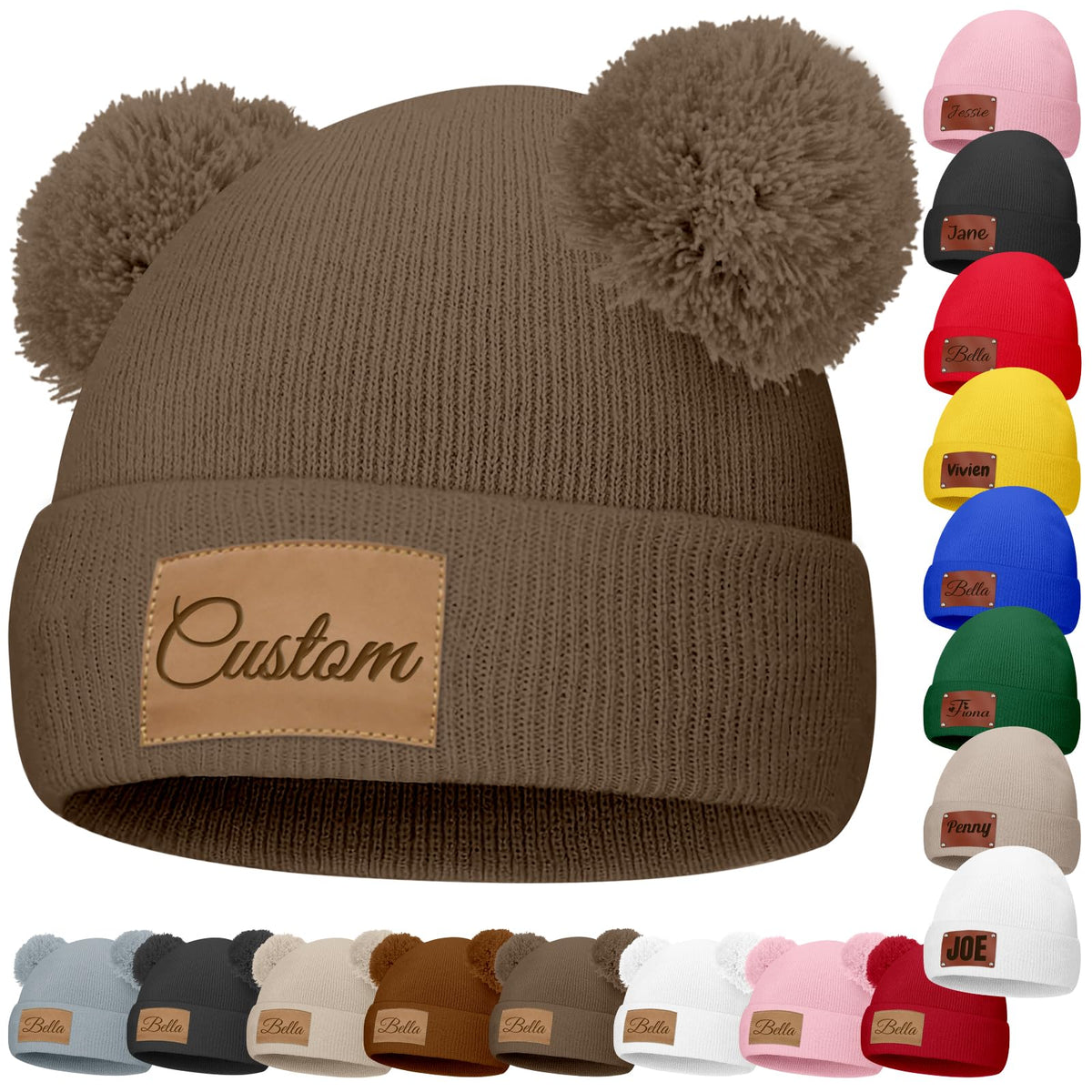 Custom Baby Beanies Personalized Toddler Winter Hats Name Leather Patch Kids Knit Warm Hat for Infant Boys Girls Adult Grey