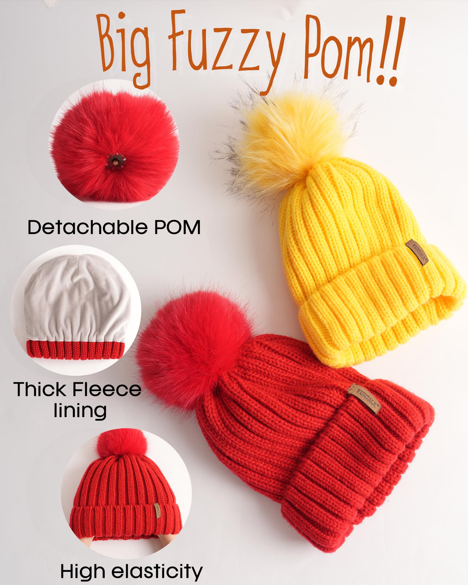 FURTALK Kids Winter Hat Toddler Knitted Beanie Faux Fur Pom Red
