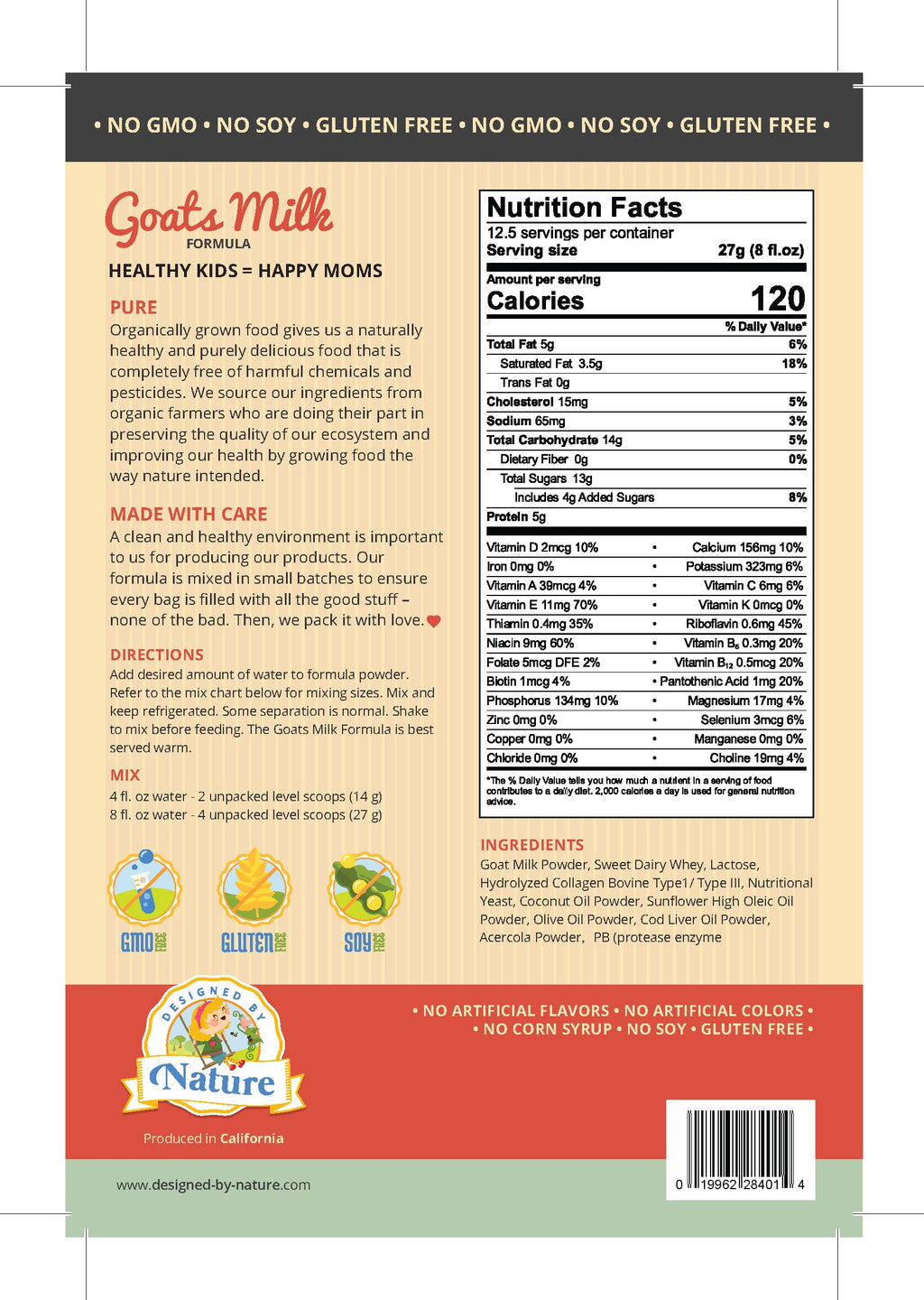 Designed by Nature- Whole Goat Milk Formula 12oz/340g, 12+ Months — Made in USA, Easy to Digest with Cod Liver Oil DHA, Hydrolyzed Collagen & Real Whole-Food Ingredients, Non-GMO, Soy & Gluten Free