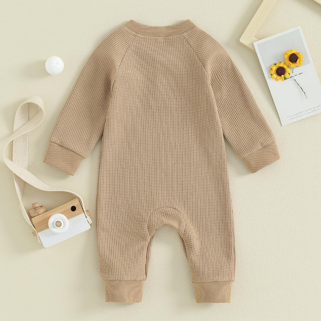 Kuriozud Newborn Baby Boy Girl Clothes Button Solid Long Sleeve Romper Jumpsuit Basic One Piece Outfits Waffle Long Sleeve Khaki, 9-12 Months