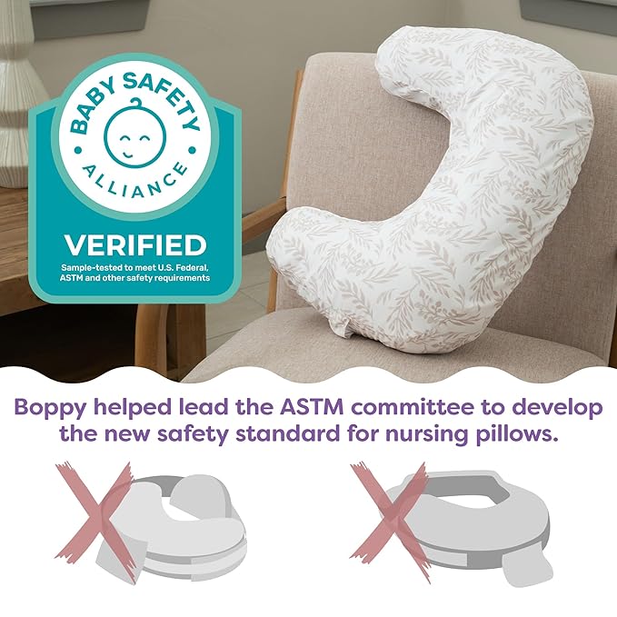 Boppy Nursing Pillow - Ergonomic Bottle & Breastfeeding Pillow with High, Firm, Large Area, Water-Repellent Cushion with Washable Cover; Baby Safety Alliance Verified - Tan Happy Houseplants
