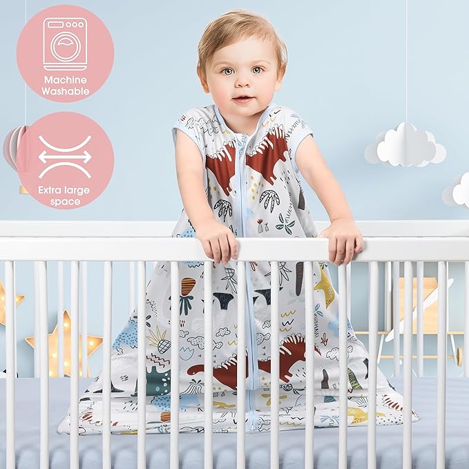 Baby Sleep Sack 12-18 Months 3 Pack Baby Wearable Blanket 100% Rayon Cotton 2-Way Zipper Toddler Sleeping Sack .Comfy Soft Lightweight TOG 0.3 (Elephant&Dinosaur&Hexagon,)