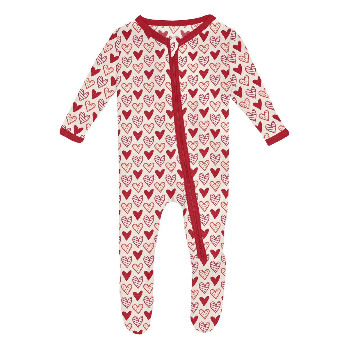 KicKee Full of Hearts Footie with Zipper, One-Piece Boy or Girl Baby Clothes (Natural Hearts - Newborn)