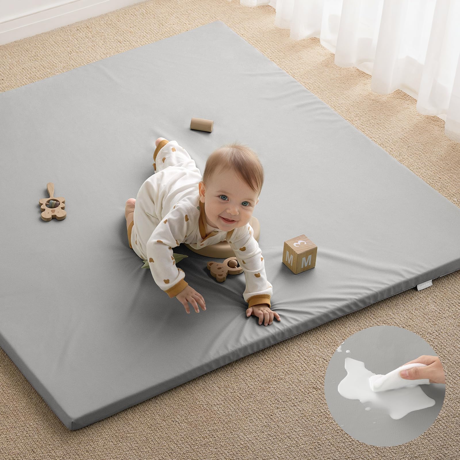 Blissful Diary Vegan Leather Baby Play Mat, 50''x50'', Light Gray