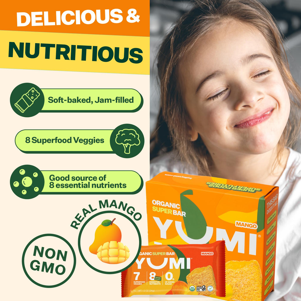 YUMI Organic Breakfast Superbar 7 Superfood Veggies High Fiber, Mango, 30CT