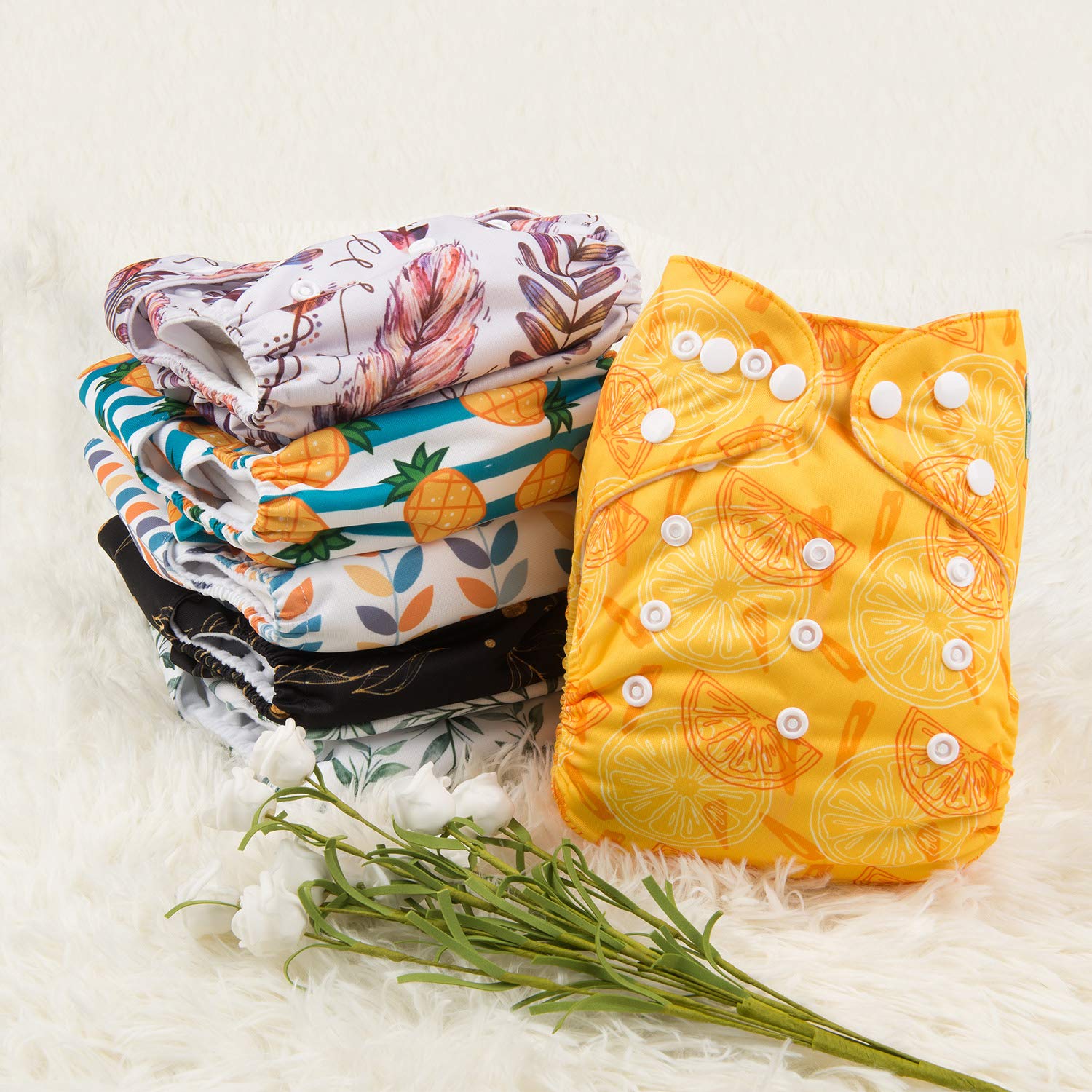 Babygoal Reusable Neutral Cloth Diapers 6 Pack with 10pcs Inserts, One Size Adjustable Washable Pocket Nappy Covers for Baby Boys and Girls