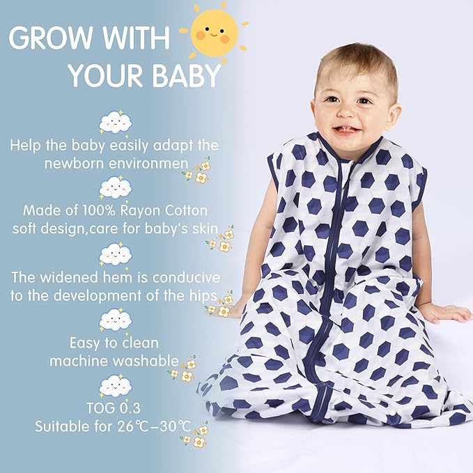 3 Pack Baby Sleep Sack 100% Rayon Cotton Baby Sleeping Bag 2-Way Zipper Toddler Wearable Blankets TOG 0.3. (Soccer&Triangles&Blue, 6-12 Months)