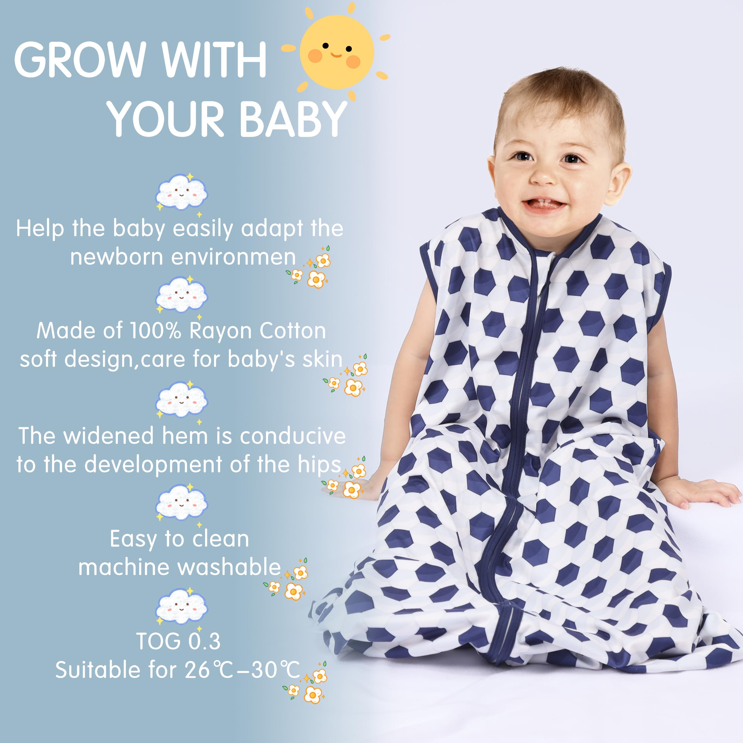BSTOPPT 3 Pack Baby Sleep Sack 100% Rayon Cotton Baby Sleeping Bag 2-Way Zipper Toddler Wearable Blankets TOG 0.3. (Soccer&Triangles&Blue, 6-12 Months)