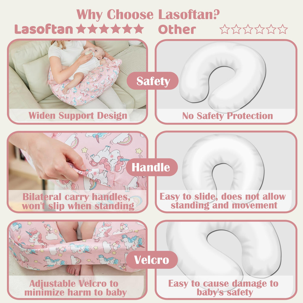 lasoftan Nursing Pillow for Breastfeeding, Breast Feeding Pillow for Mom Support, Adjustable Waist Strap and Removable Cotton Cover, Unicorn