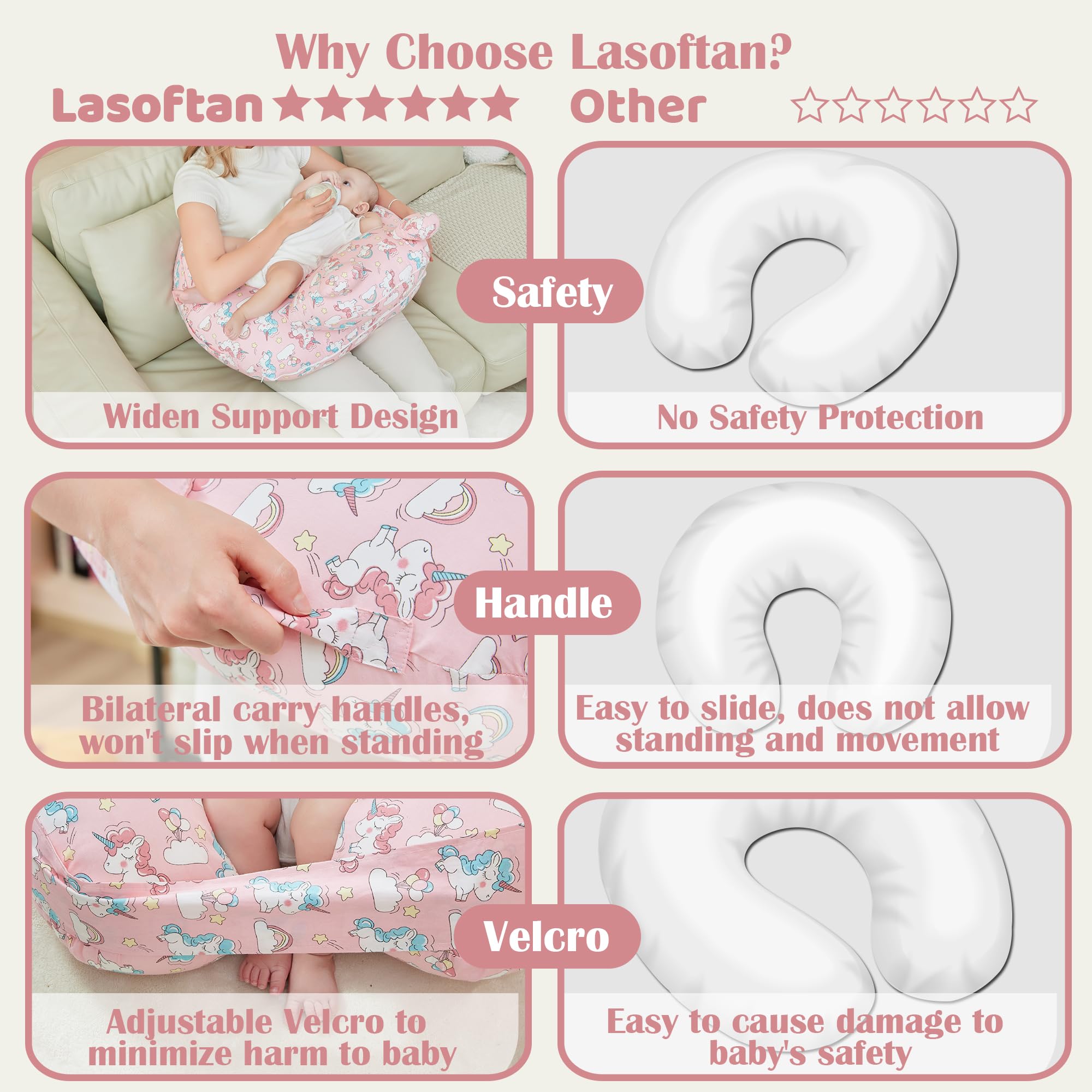 lasoftan Nursing Pillow for Breastfeeding, Breast Feeding Pillow for Mom Support, Adjustable Waist Strap and Removable Cotton Cover, Unicorn