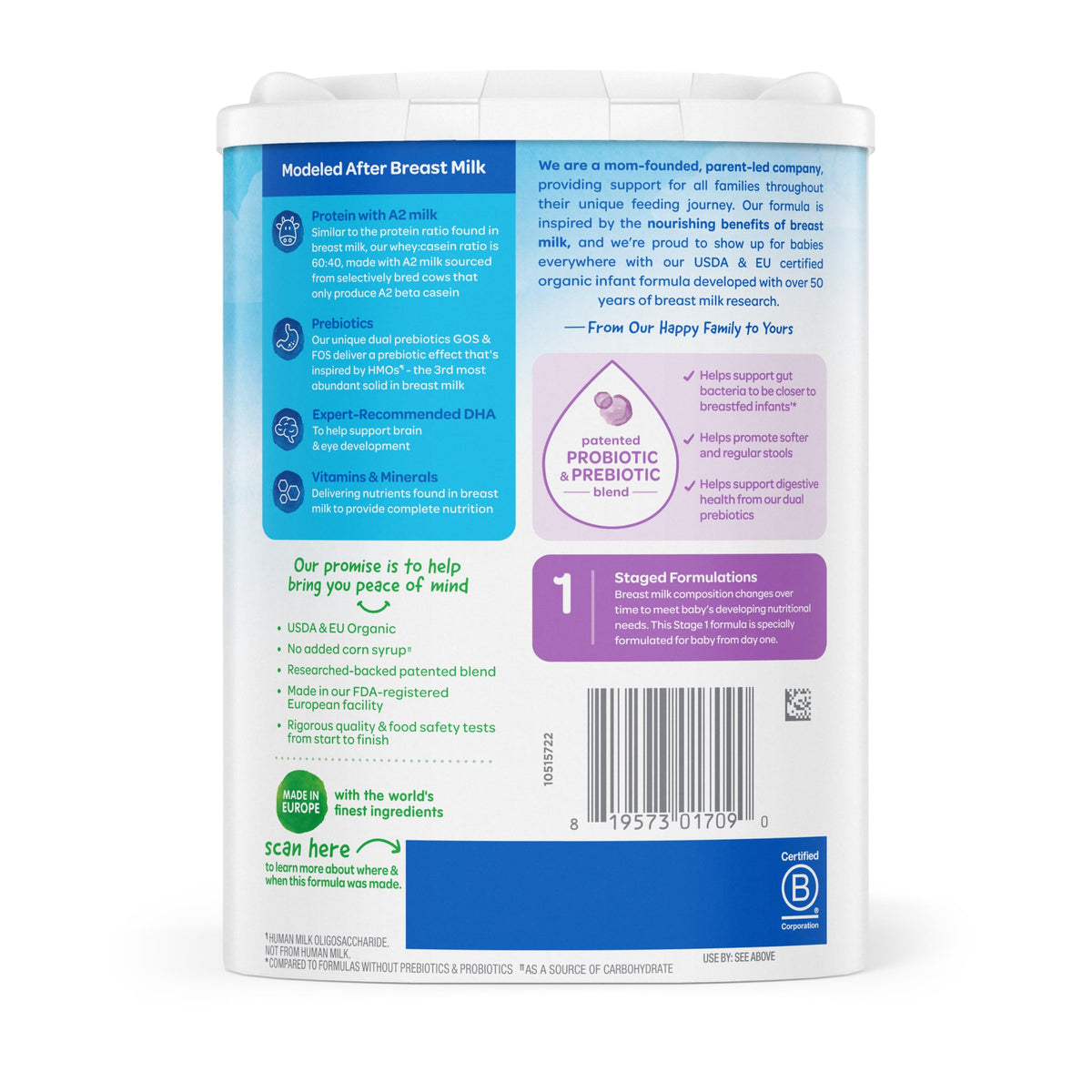 HAPPY BABY Stage 1 A2, 0-12 Months, Organic Infant Formula, 22.9oz (1 Pack)
