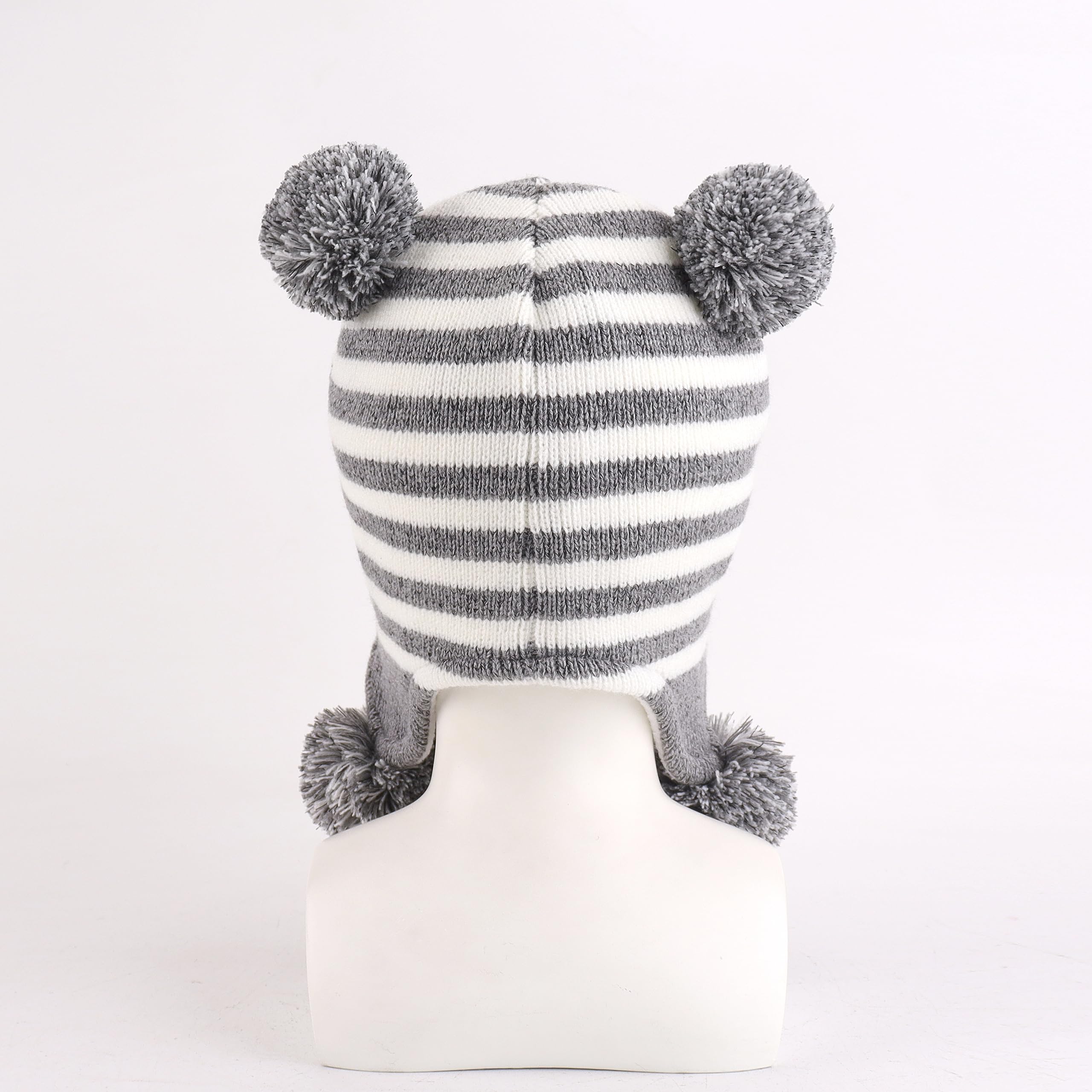 LANGZHEN Toddler Kids Infant Winter Hat,Earflap Knit Warm Cap Fleece Lined Beanie for Baby Boys Girls (Bear -Grey White Stripe, 2-4 T)