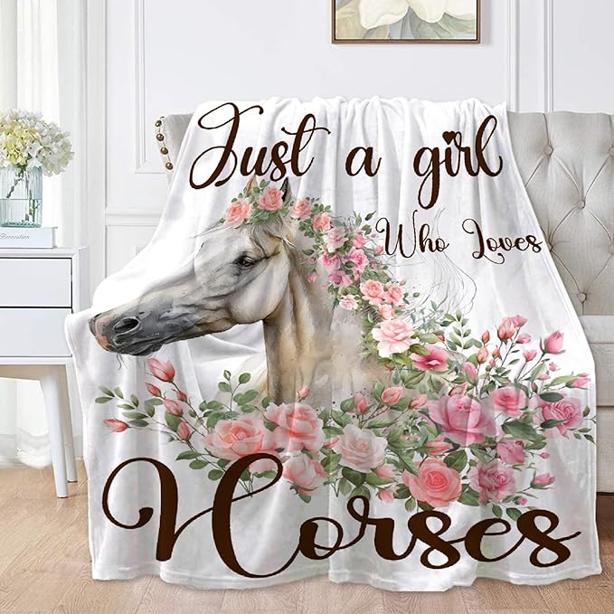 Just A Girl Who Loves Horses Blanket for Teen Flowers Animals Throw Blanket Gifts for Girls Boys Soft Throws Blankets All Seasons 50×60 Inches for Bed Office