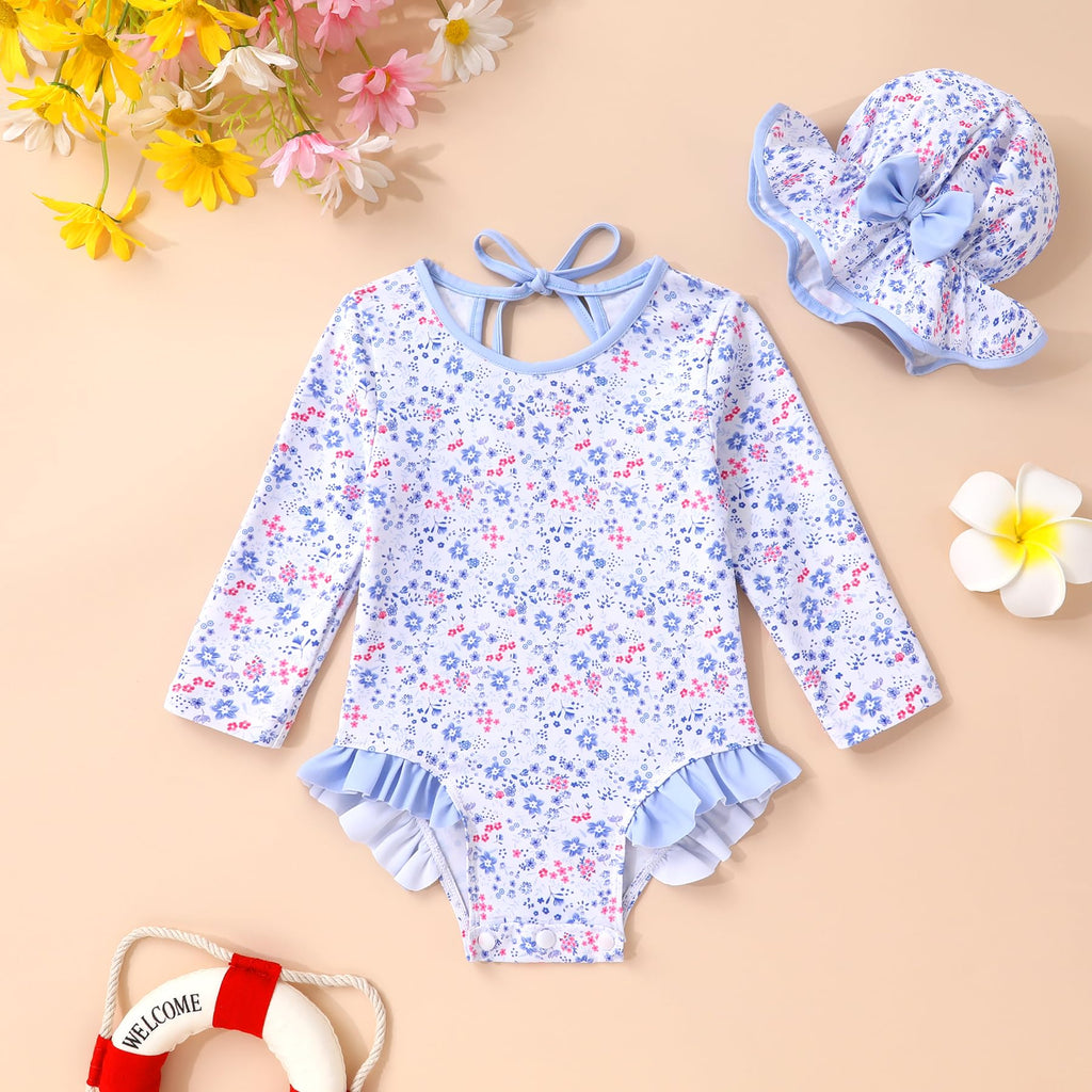 Infant Baby Girls Long Sleeve One Piece Swimsuit with Hat Floral Zipper Bathing Suit Leopard Beach Wear (Blue Border Floral Fragments，18-24Months)