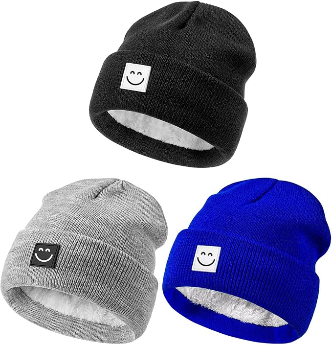 Baby Beanie Hat 3 Packs with Cute Smiley Face, Toddler Girls Boys Baby Hats Winter, Kids Winter Hat Cold Weather
