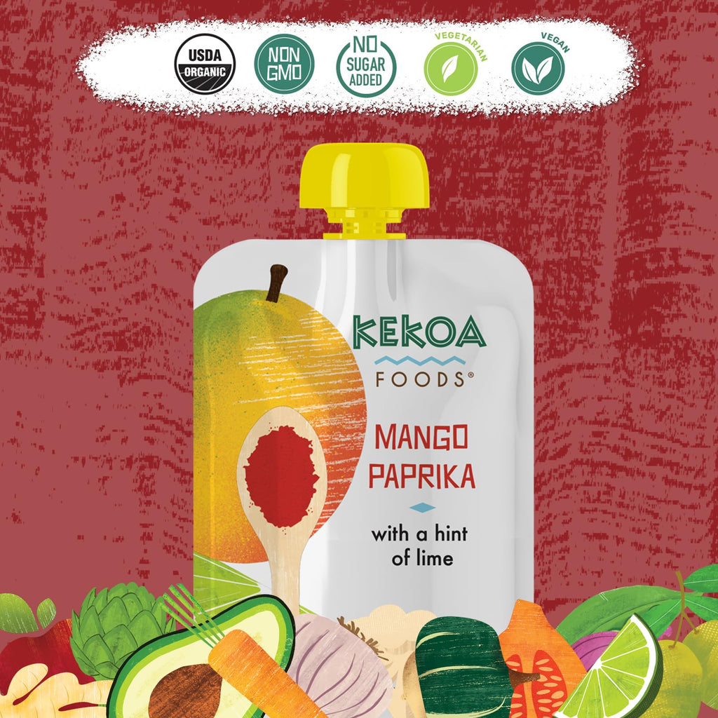Kekoa Foods Mango Paprika Baby Food Purée | 100% USDA Certified-Organic, No Sugar Added | Organic, Non-GMO, Gluten-Free, Vegan | Sweet Mango with Lime & Mild Paprika | 3.5 oz Squeeze Pouch