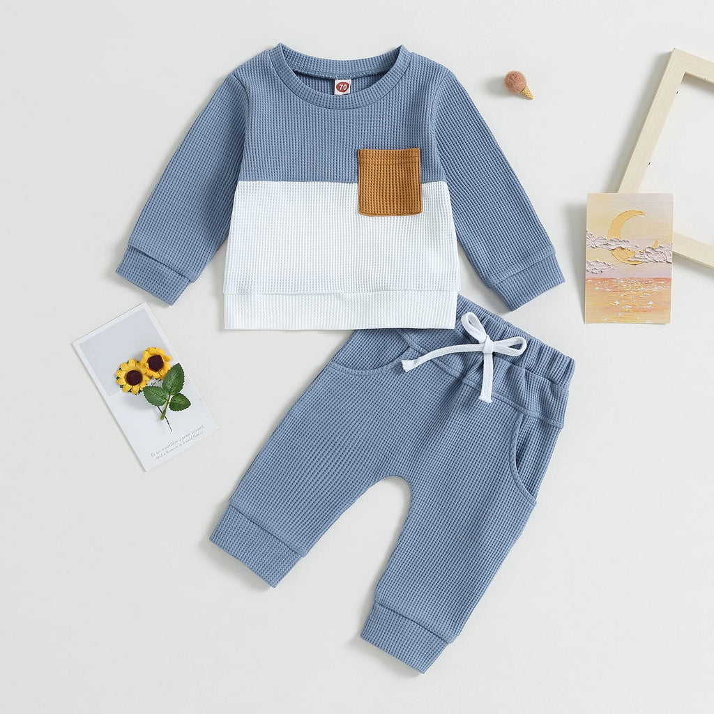 GGBNOMER Toddler Baby Boy Fall Clothes Waffle Contrast Color Sweatshirt Pants Sets Infant Winter Outfits 6 12 18 24 Months (Blue, 6-12 Months)