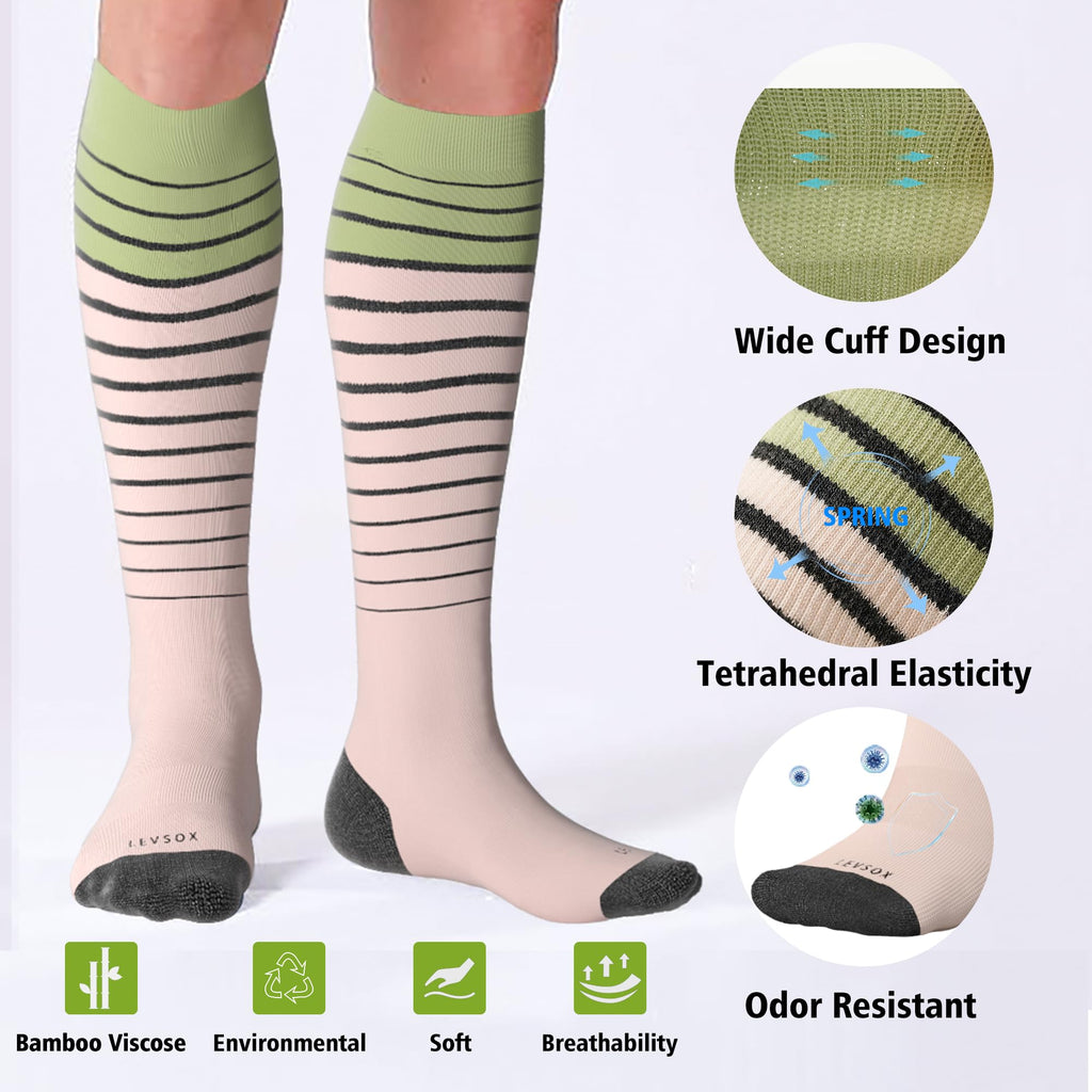 LEVSOX Viscose Made from Bamboo Compression Socks for Pregnant Women 20-30 mmHg Knee High Cute Funny Mens Supports Socks for Nurses, Medical, Travel and Flight, Stripe