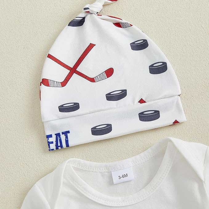 Baby Boy Hockey Outfit New Player in Town Long Sleeve Romper Long Pants Hat Set 3Pcs Newborn Fall Winter Clothes