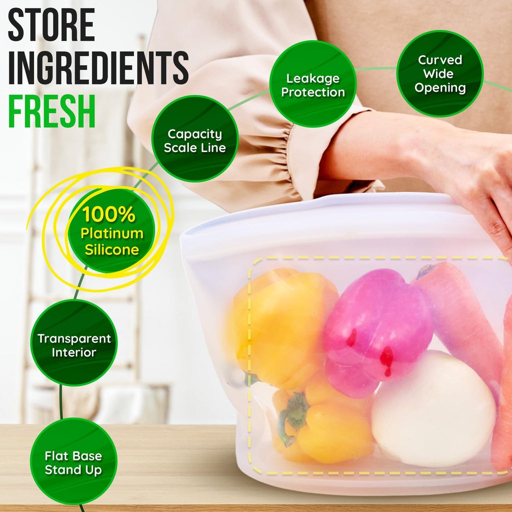 FIRGI Reusable Silicone Food Storage Bag, 6 Cups, Large Container, Made in Korea BPA-Free Platinum Silicone, Triple-Airtight Freezer Bag, Microwave Safe, Sous Vide, Meal Prep, 51oz, White