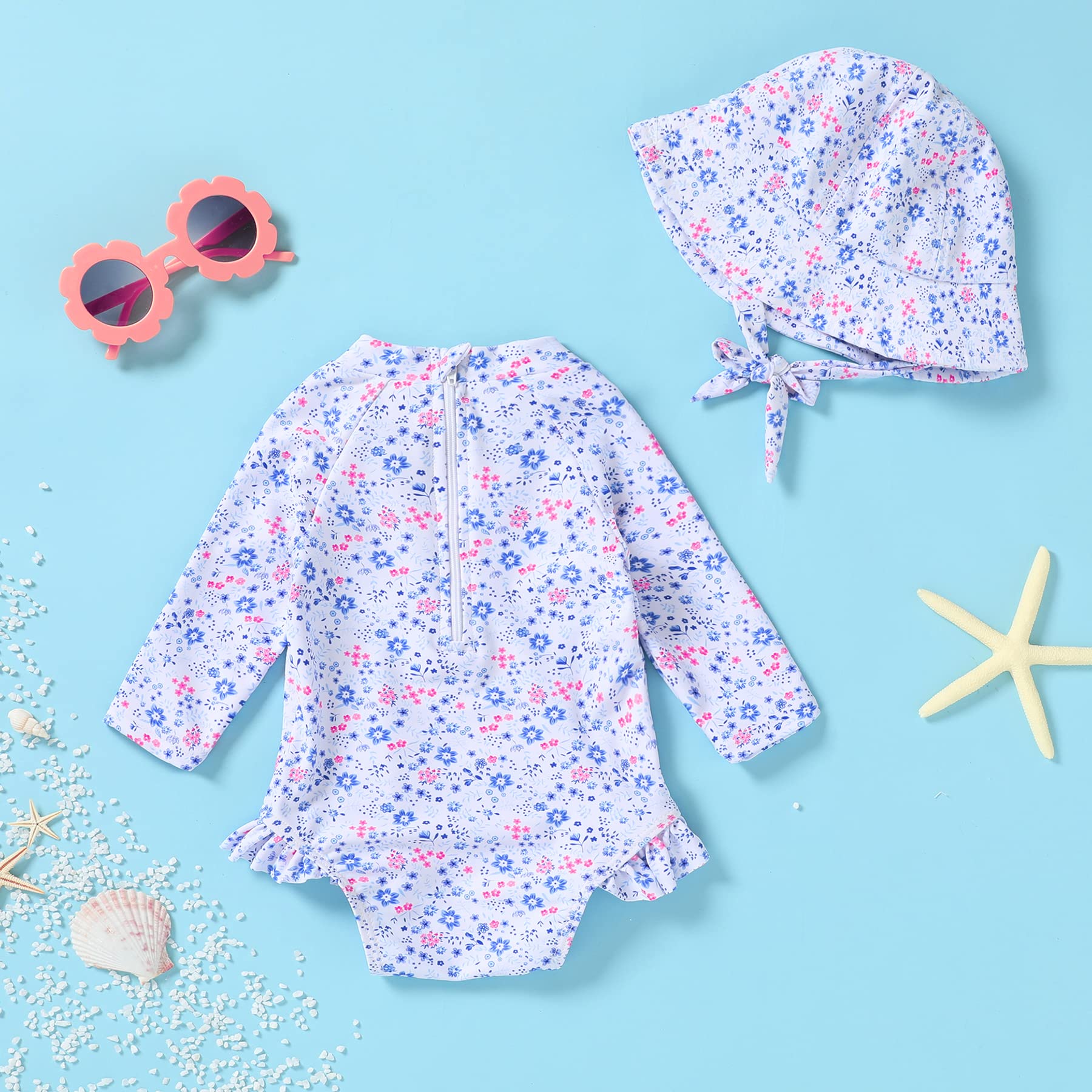 Infant Baby Girl Swimsuit One-Piece Long Sleeve Rash Guard with Hat Set Floral Zipper Bathing Suit Leopard Beach Wear (12-18 Months, Flower#2)