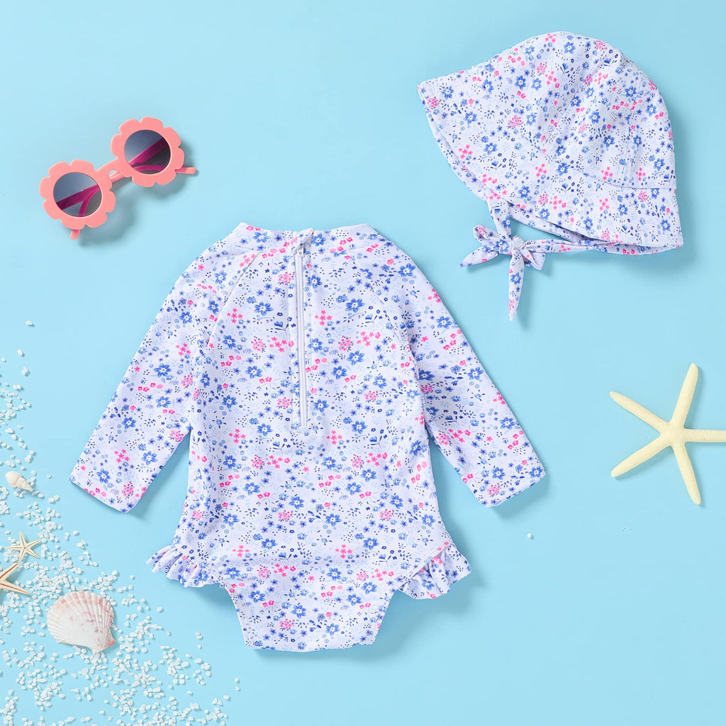Infant Baby Girl Swimsuit One-Piece Long Sleeve Rash Guard with Hat Set Floral Zipper Bathing Suit Leopard Beach Wear (3-6 Months, Flower#2)