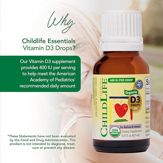 CHILDLIFE Essentials Organic Vitamin D3 Drops for Infants & Newborns - Baby Vitamin D Drops, 400 IU per Liquid Drop, Immune & Bone Health Support, USDA Organic, Flavorless - 0.21 Fl Oz (1 Pack)