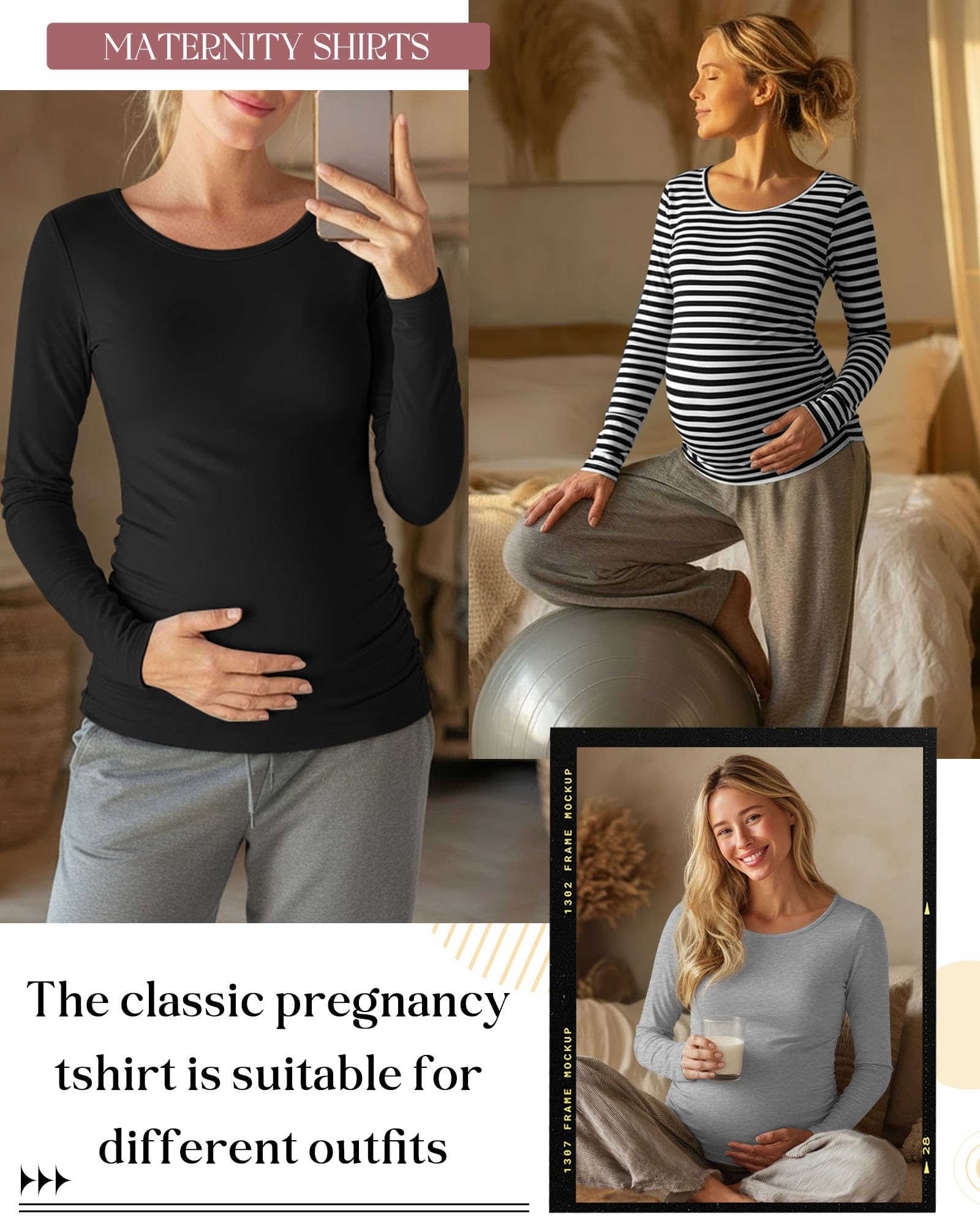 Ficerd 3 Pack Women's Maternity Long Sleeve Shirts, 3-Color Set, Small