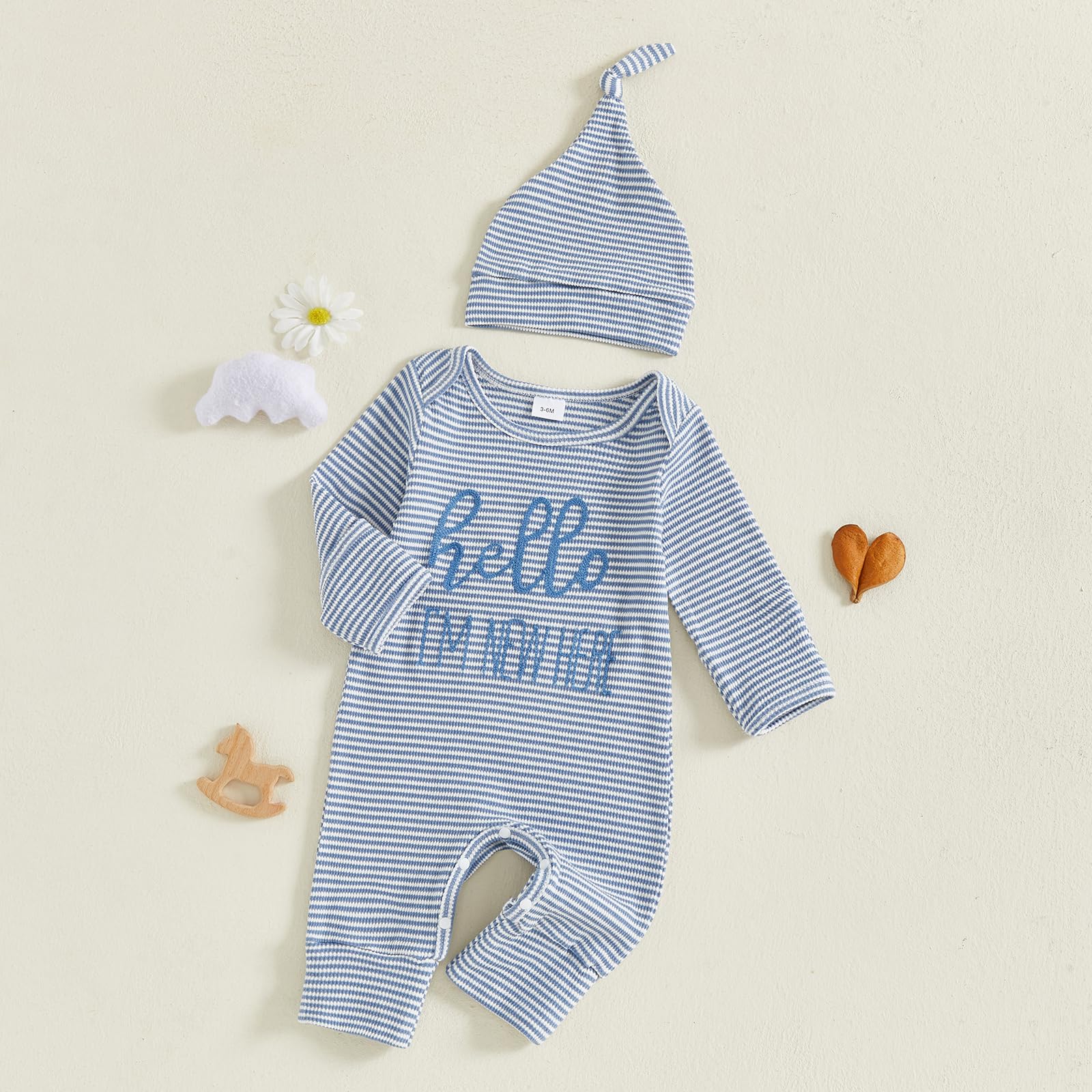 Fernvia Newborn Baby Boy Clothes Letters Print Bodysuit 3 6 9 12 18 Months Long Sleeve Jumpsuit with Hat 2PCS Outfits Set (D Blue, 3-6 Months)